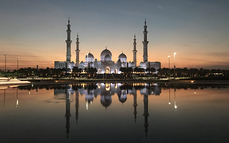 Sheikh Zayed Grand Mosque, Abu Dhabi, United Arab Emirates, Islamic Architecture, Big Mosque, 4к, sunset, HD wallpaper