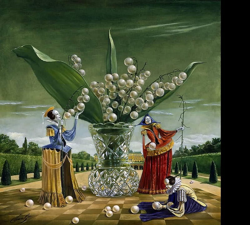 Michael Cheval - Bouquet of metaphors, art, surrealist, queen, bouquet of metaphors, vase, cristal, harlequin, glass, painting, flower, lily, michael cheval, HD wallpaper