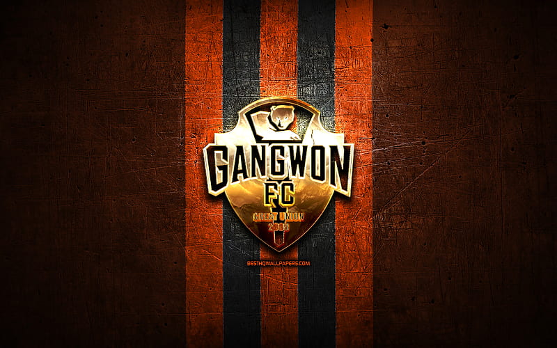 Gangwon FC, golden logo, K League 1, orange metal background, football, FC Gangwon, South Korean football club, Gangwon logo, soccer, South Korea, HD wallpaper