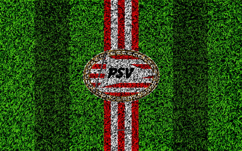 PSV Eindhoven emblem, football lawn, Dutch football club, PSV logo, grass texture, Eredivisie, red white lines, Eindhoven, Netherlands, football, PSV FC, HD wallpaper