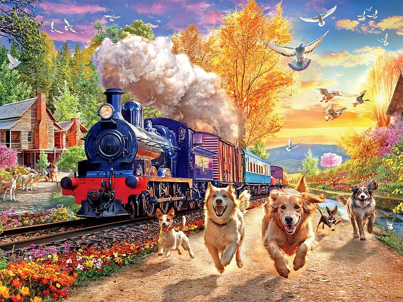 Racing the Train, trees, train, steam, dogs, running, painting, artwork, HD wallpaper