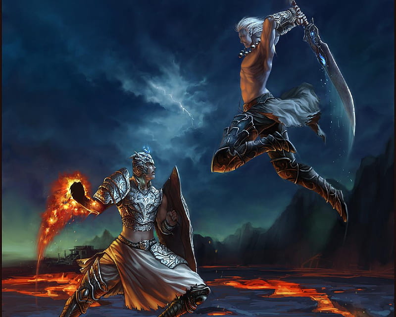 Fire Mage vs Elf Fighter, magic, human, sword, elf, HD wallpaper