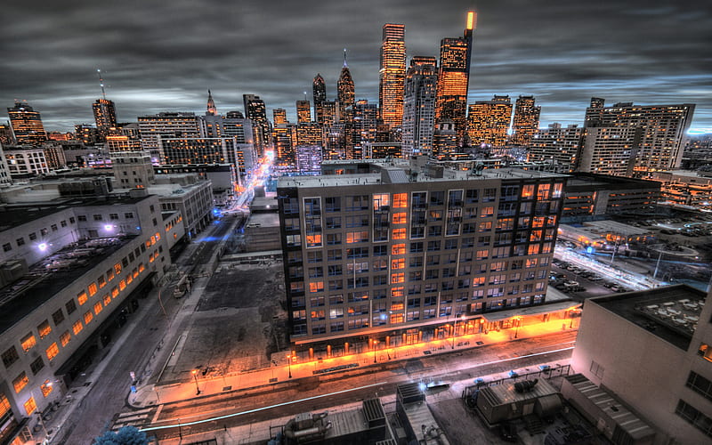 Philadelphia, evening, cityscape, skyscrapers, modern buildings, Pennsylvania, USA, HD wallpaper