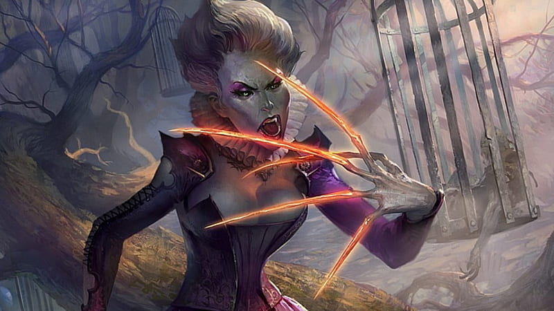 Fantasy girl, claws, forest, halloween, game, age, woman, fire, tree, fantasy, girl, cage, purple, hand, magic the gathering, vampire, HD wallpaper
