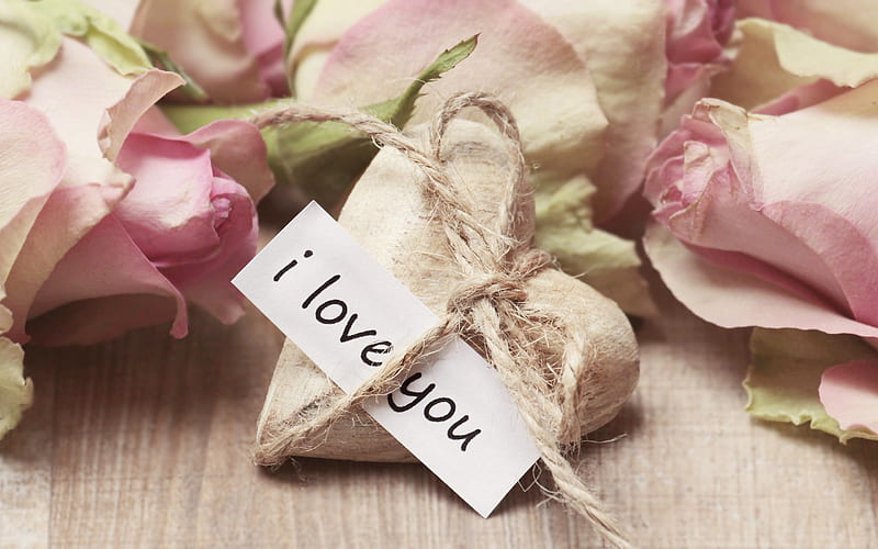 I love you, romantic , wooden heart, roses, romance, HD wallpaper