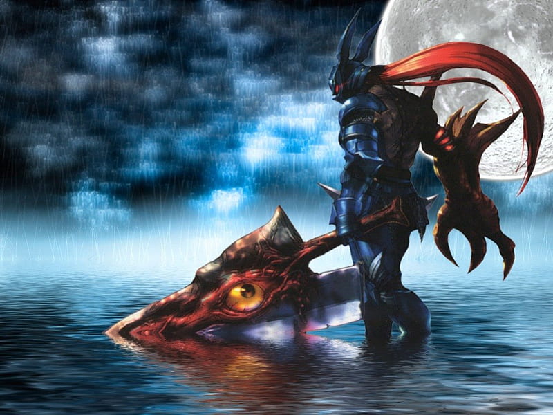 Nightmare, games, video games, armor, moon, claw, water, lone, rain, soul calibur, weapon, sword, red eyes, armour, HD wallpaper