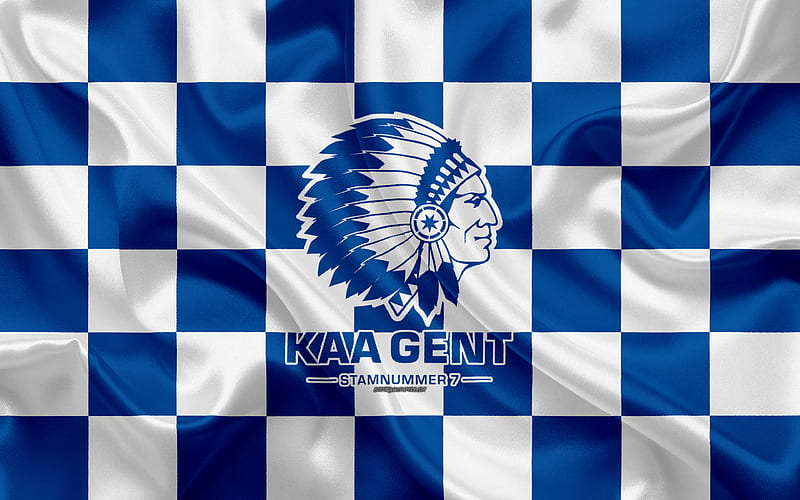 KAA Gent logo, creative art, blue white checkered flag, Belgian football club, Jupiler Pro League, Belgian First Division, silk texture, Gent, Belgium, football, Gent FC, HD wallpaper