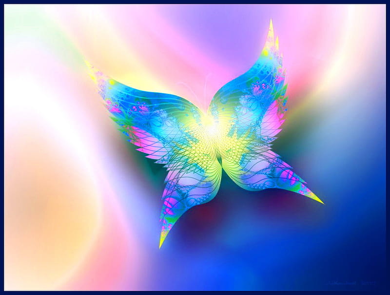 Pastel wings, butterfly, green, yellow, colors, pastels, white, pink, blue, HD wallpaper