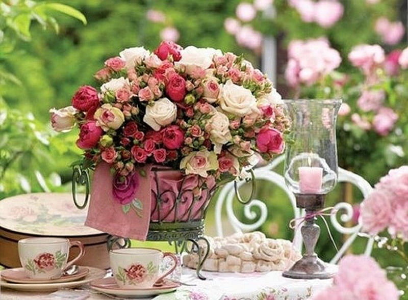 garden tea party...., still life, bouquet, garden, roses, tea party, HD wallpaper
