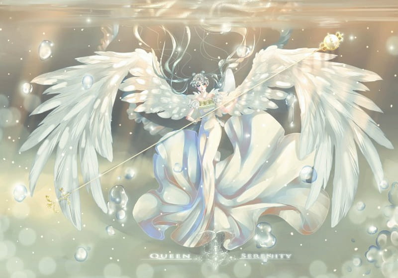 Moon Angel, pretty, dress queen serenity, bonito, wing, sweet, magical girl, nice, anime, feather, sailor moon, beauty, anime girl, long hair, sailormoon, underwater, bubble, female, wings, lovely, angel, gown, princess serenity, girl, serenity, magical, silver hair, HD wallpaper