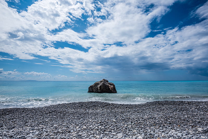 beach, rocks, ocean, pebbles, clouds, sea, sand, water, coast, HD wallpaper