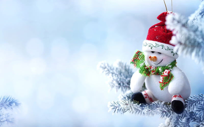 Snowman, Fir Tree, Snow, New year, Toy, HD wallpaper | Peakpx