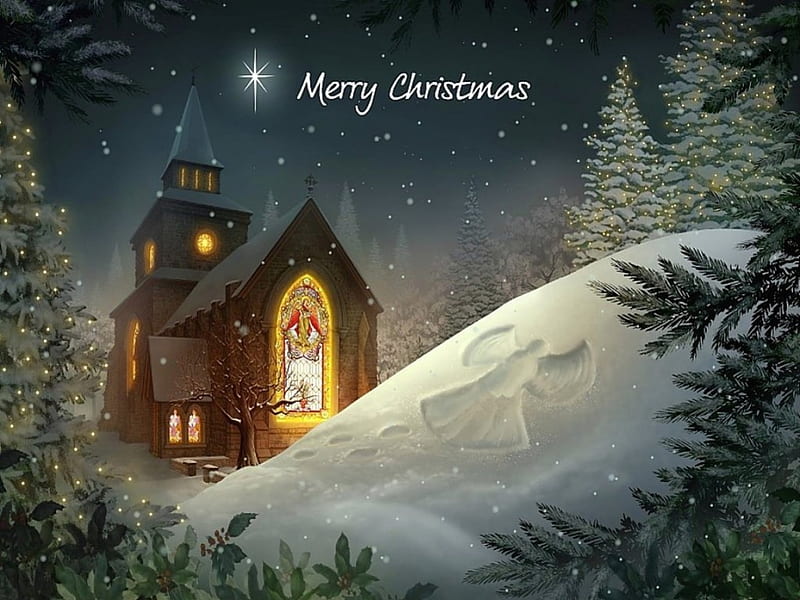 Merry christmas, colorful, bonito, magic, xmas, nice, merry, painting, heaven, color, footsteps, star, night, stars, forest, lovely, christmas, angel, church, blessings, spirit, universe, peaceful, HD wallpaper