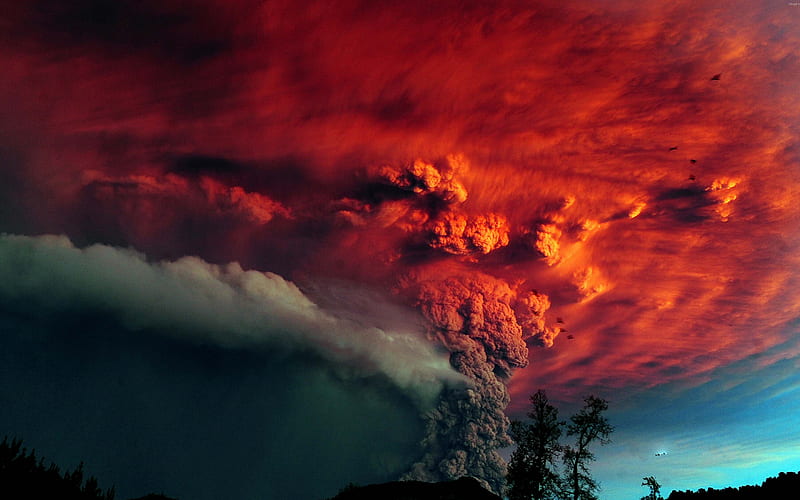 volcanic eruption, volcanic dust pillar, red smoke, sunset, evening, mountain landscape, volcano, HD wallpaper