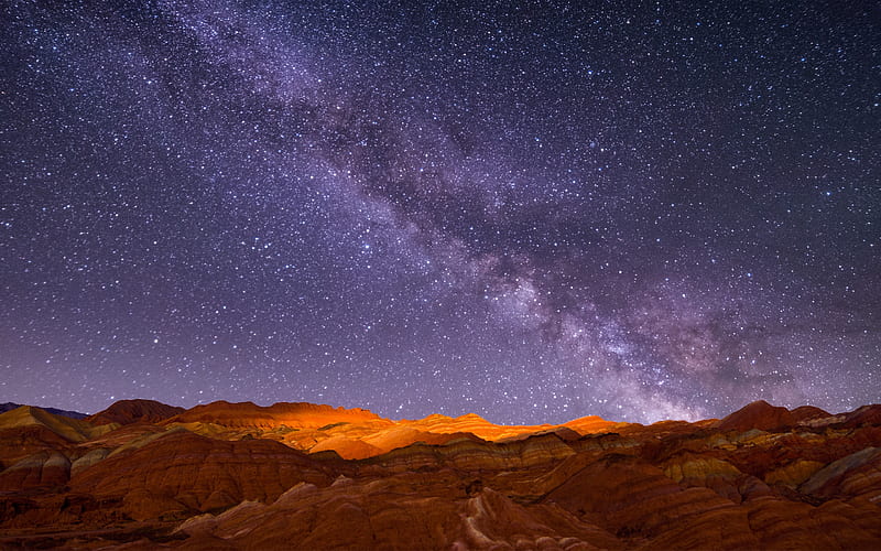 Red rock mountain night starry sky landscape, HD wallpaper