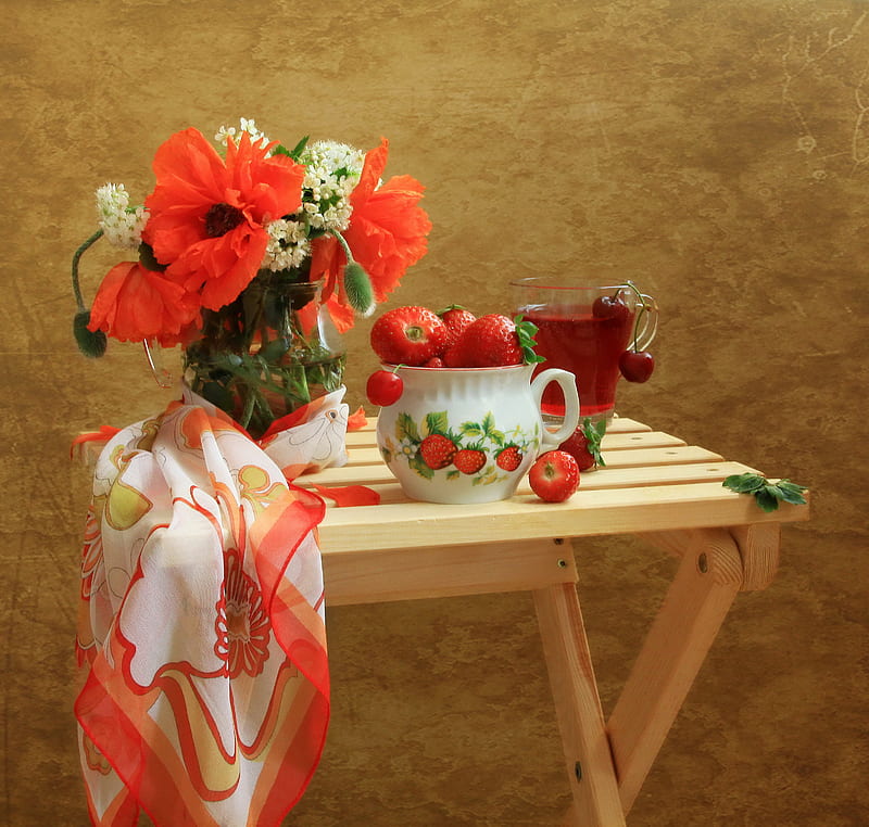 still life, red, pretty, strawberry, poppies, bonito, fruit, graphy, nice, gentle, flowers, drink, beauty, harmony, poppy, lovely, juice, elegantly, glass, cool, bouquet, flower, scarf, cherry, HD wallpaper