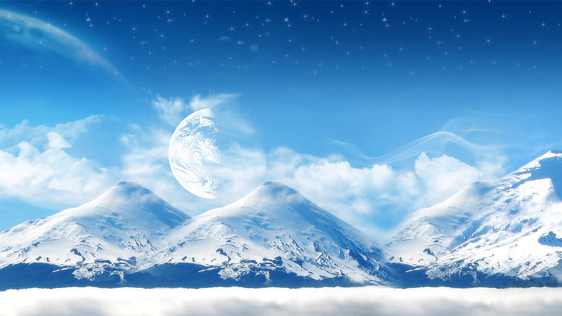 Snow covered volcano, moon, snow covered, mountains, volcano, winter, HD wallpaper