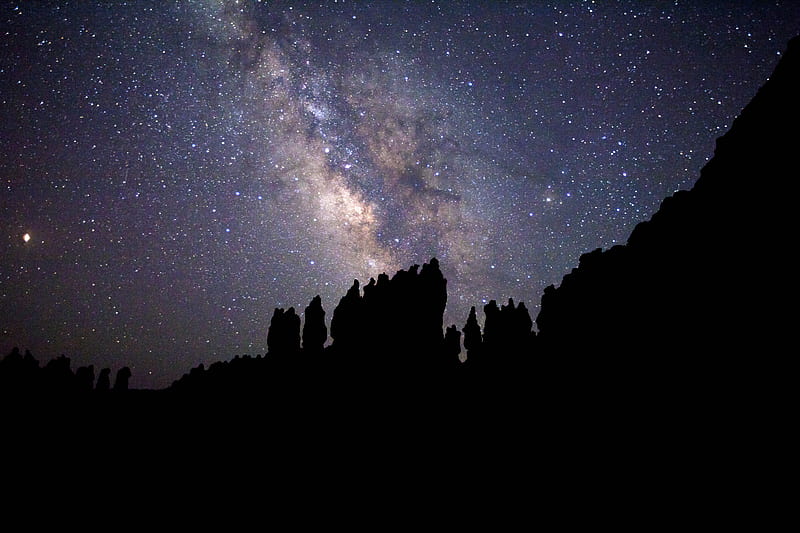 nebula, starry sky, rocks, stars, silhouette, HD wallpaper