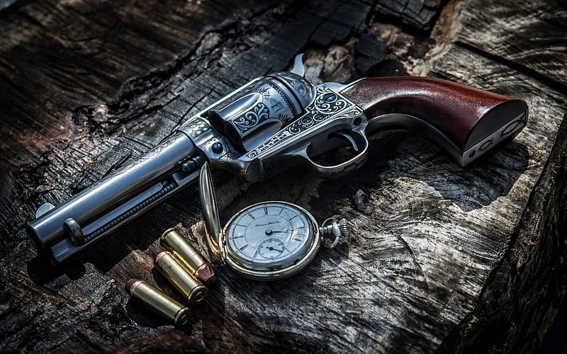 Colt 45, revolver, old clock, bullets, cartridges, Colt, HD wallpaper