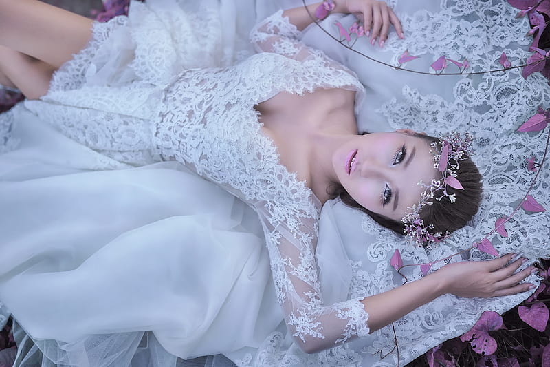 Women, Bride, Asian, Wedding Dress, Wreath, HD wallpaper