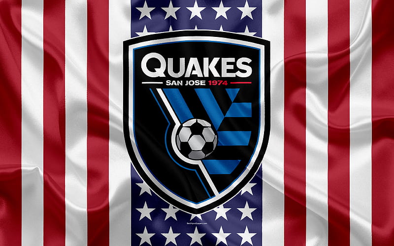 San Jose Earthquakes logo, emblem, silk texture, American flag, football club, MLS, San Jose, California, USA, Major League Soccer, Western Conference, HD wallpaper