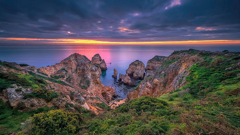 Ponta da Piedade, Algarve, Portugal, sunset, ocean, coast, clouds, sky, atlantic, rocks, HD wallpaper