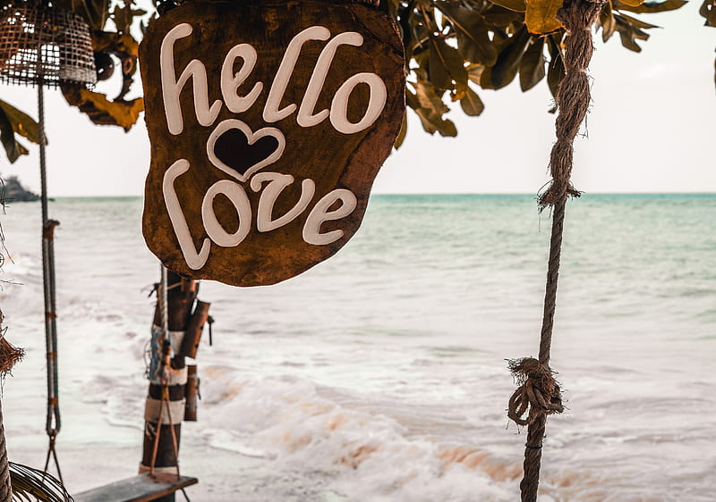 signboard, inscription, love, ocean, waves, HD wallpaper