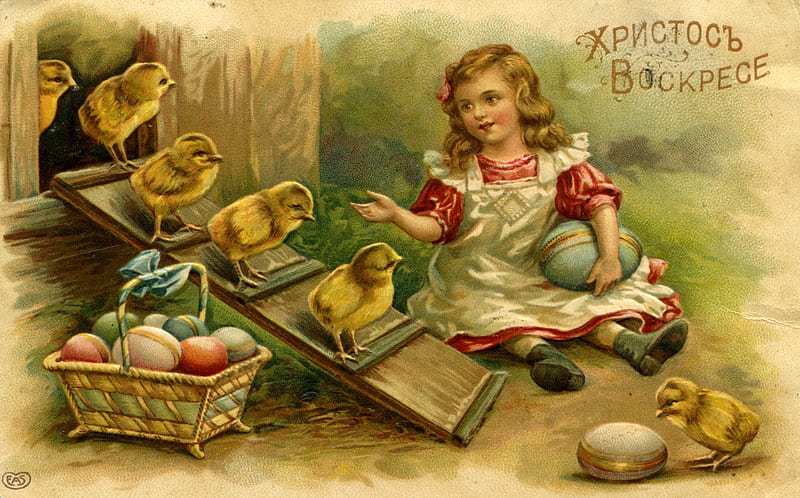 Happy Easter!, egg, girl, chicken, easter, vintage, card, HD wallpaper