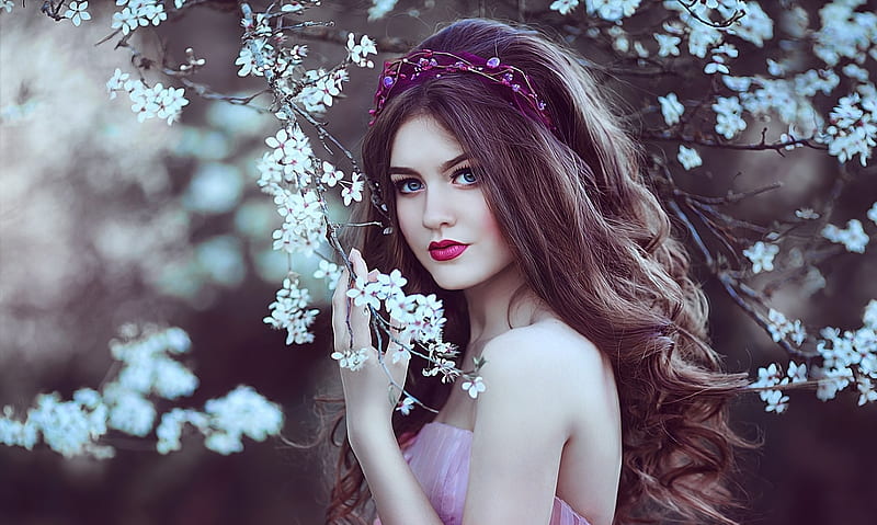 Beauty, model, spring, woman, blossom, purple, zharinova marina, girl, flower, hand, white, HD wallpaper