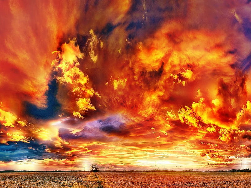 Fire clouds, red, beach, fire, bonito, hell, clouds, HD wallpaper