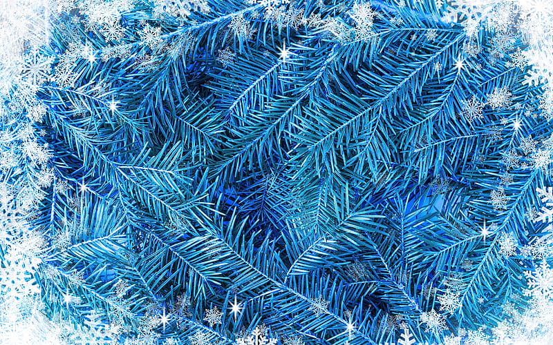 blue christmas tree branch texture, winter texture, tree texture, tree branches, winter blue background, texture with snowflakes, winter frame, HD wallpaper