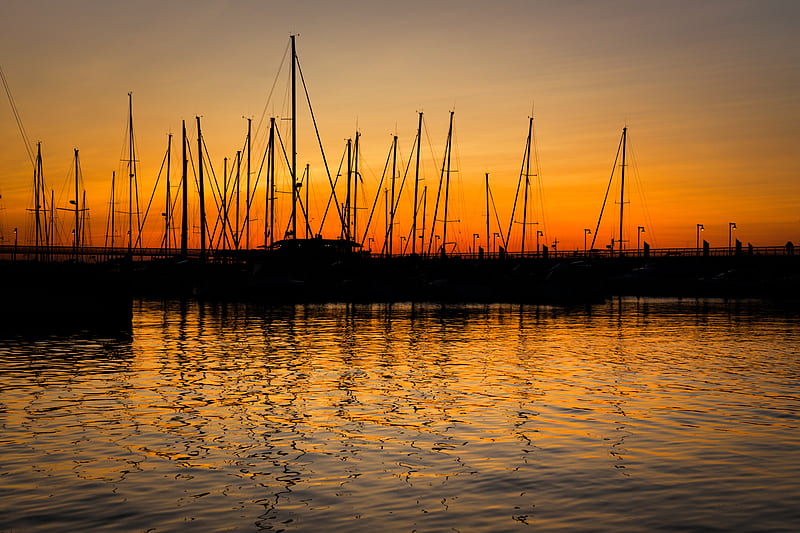 port, sunset, dusk, boats, HD wallpaper