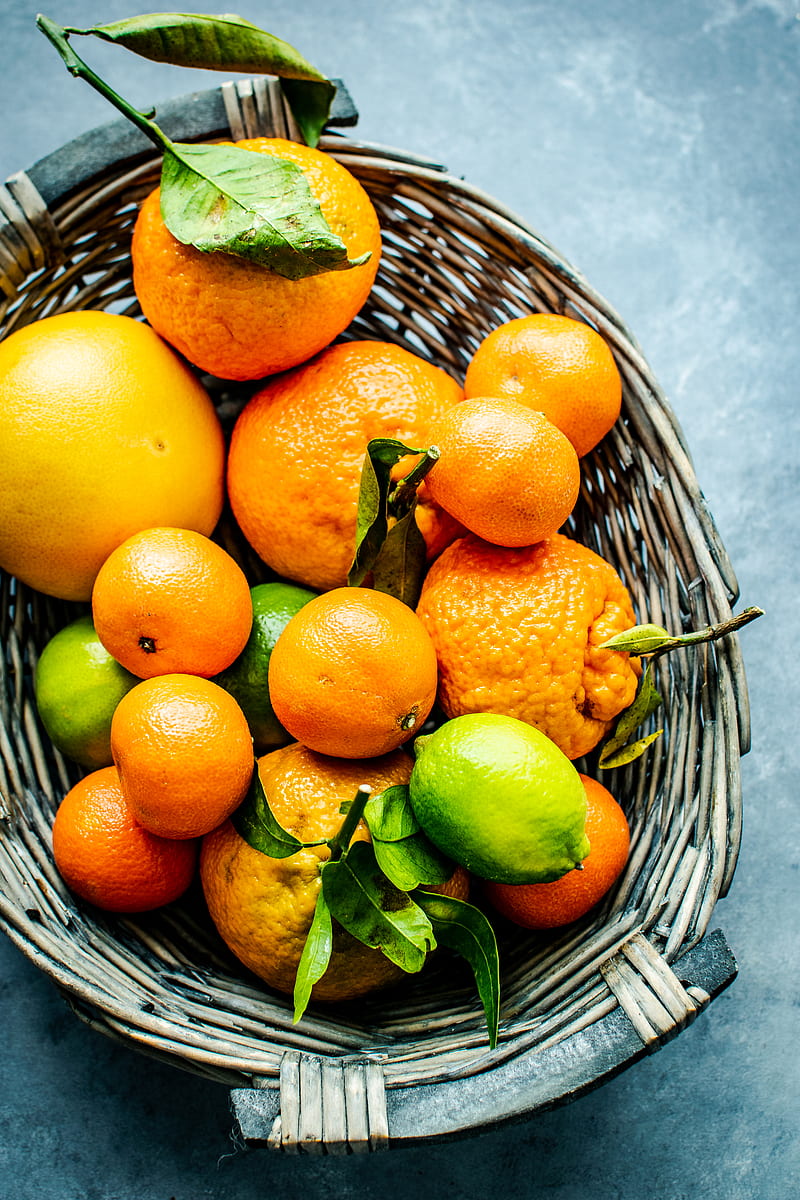 orange and lemon fruits on gray wicker basket, HD phone wallpaper