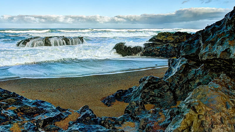 great seashore scape, beach, rocks, waves, clouds, sea, HD wallpaper
