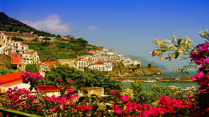 Beautiful Amalfi Coast in Italy, boat, houses, ocean, flowers, nature ...