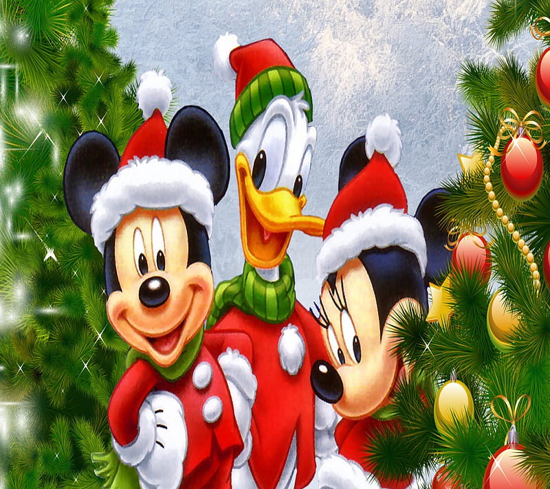 Mickey Minnie Donald, christmas, disney cartoons, holiday, HD wallpaper