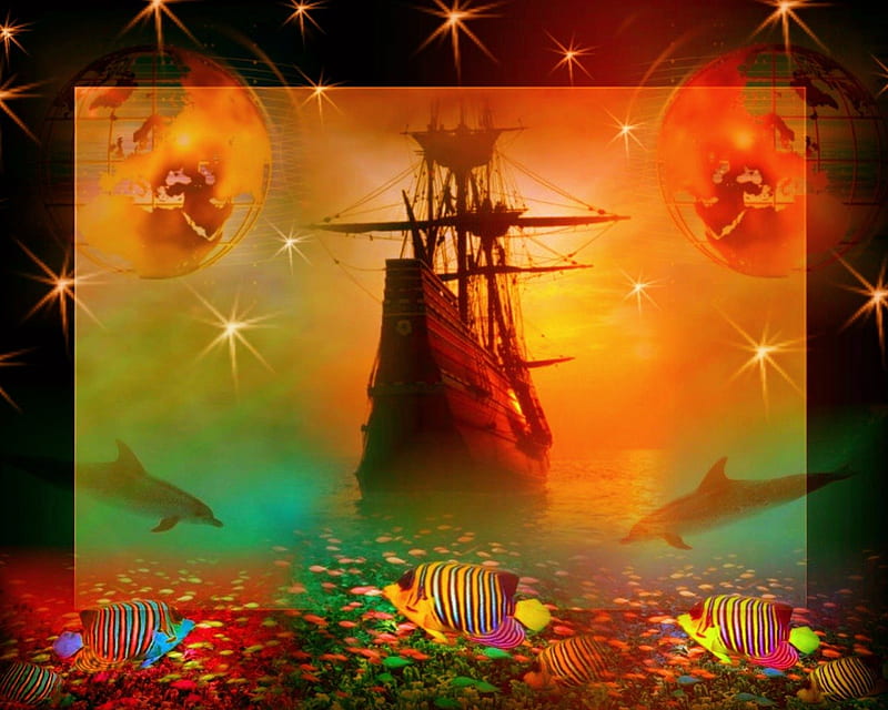 Sailing The Stars Away, art, stars, boat, fish, sailing, HD wallpaper