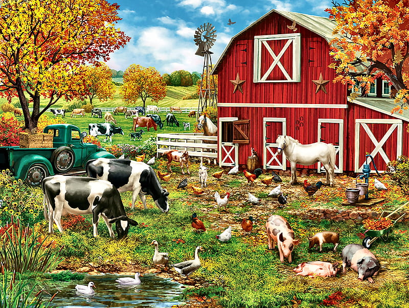 A Day on the Farm F, art, ducks, bonito, illustration, artwork, horses,  sheep, HD wallpaper | Peakpx