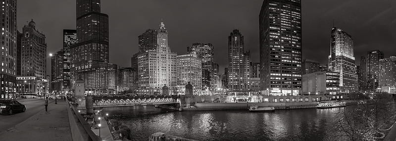 Black & white Chicago River, HD wallpaper