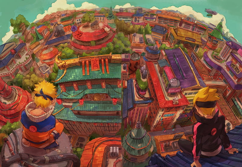 naruto, konoha village, cityscape, uzumaki boruto, uzumaki naruto, anime crossover, Anime, HD wallpaper