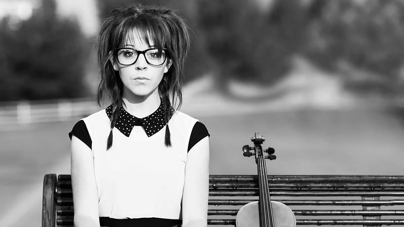 Portrait of a Violinist, outside, violin, music, glasses, bench, black, girl, portrait, violinist, white, HD wallpaper
