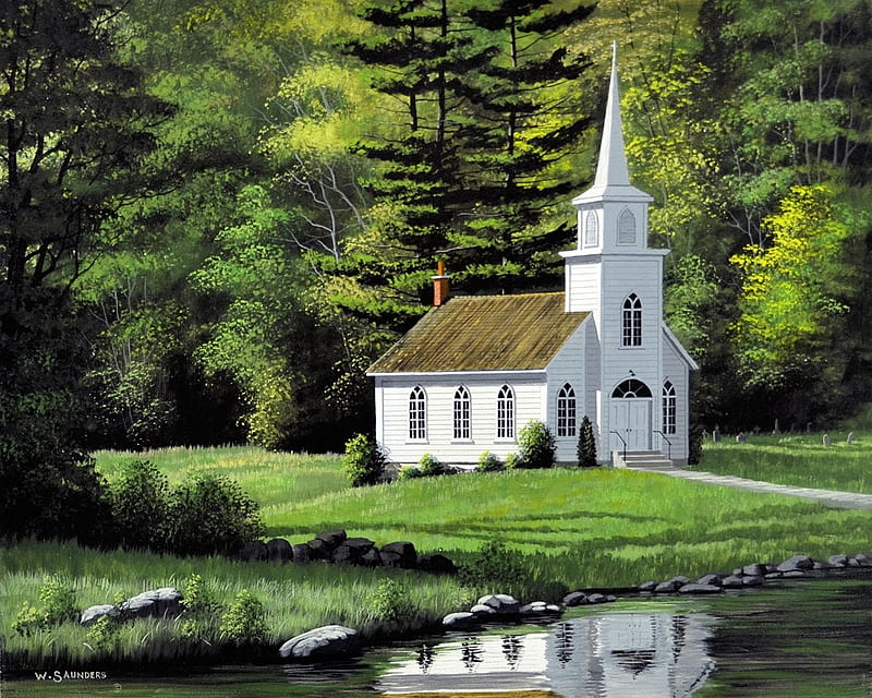Nestled in the Woods, painting, river, trees, church, reflection, artwork, HD wallpaper