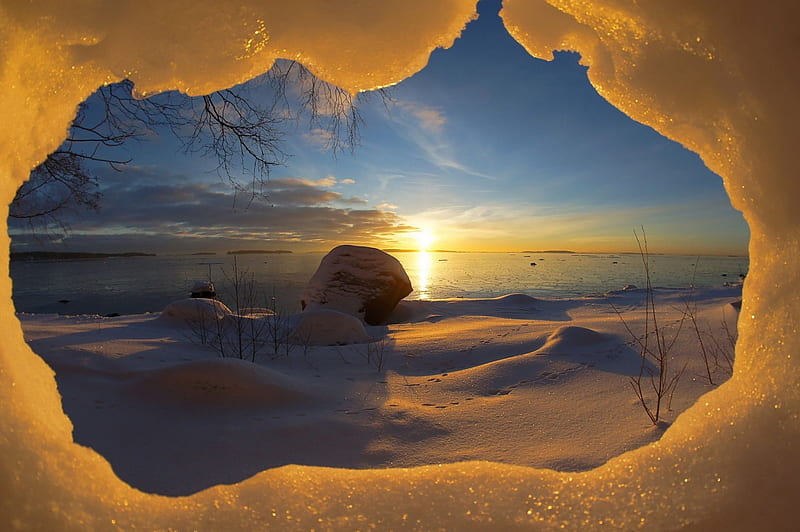 Thaw, sunset, snow, sea, winter, HD wallpaper