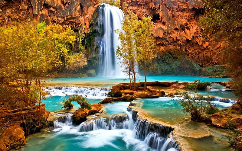 waterfall, autumn, cliffs, autumn waterfall, mountain landscape, HD wallpaper