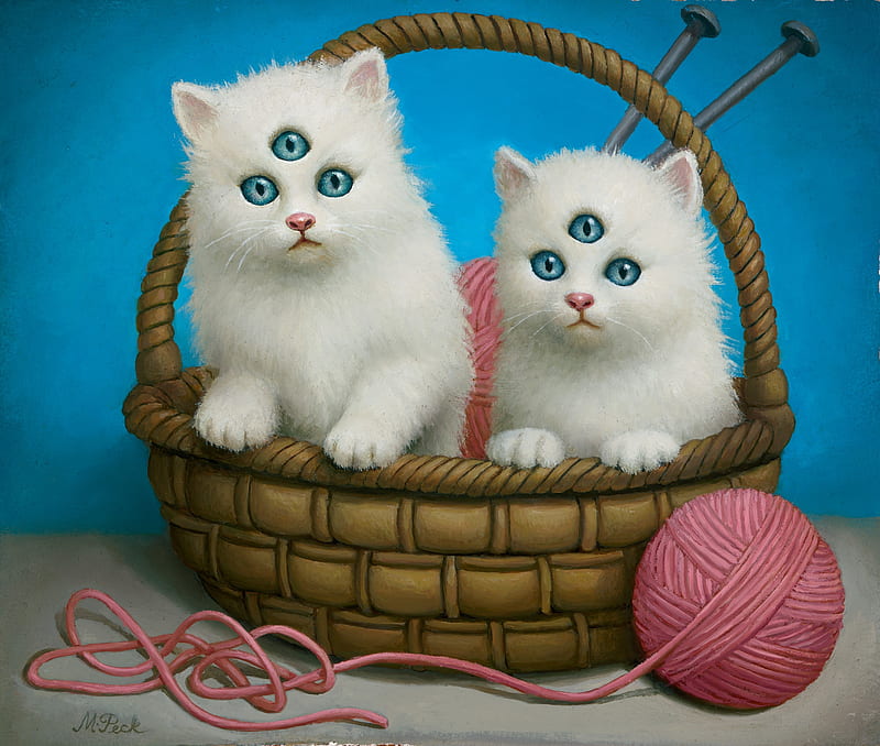 Three eyes kittens, art, luminos, three, cat, painting, wool ball, funny, kitten, white, pictura, eyes, pink, marion peck, blue, HD wallpaper