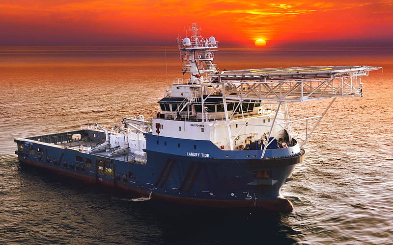 Landry Tide, ocean, sunset, vessel, Offshore Supply Ship, Tug, HD wallpaper