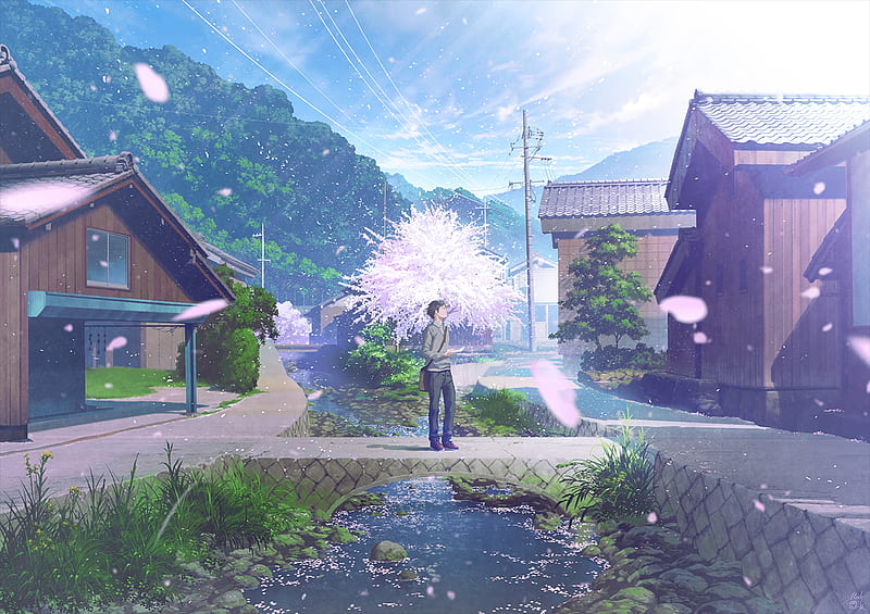 Spring, japan, original, japanese, anime, river, scenery, sky, HD wallpaper