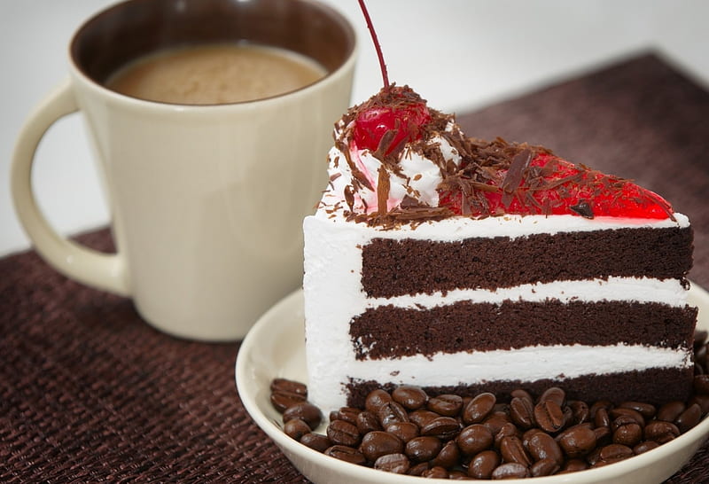 Coffee & Cake, cake, delicious, food, beans, drnks, sweet, dessert, coffee, cocolate, drink, cherry, HD wallpaper