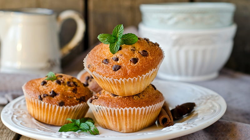 Muffins, cake, food, chocolate chips, HD wallpaper