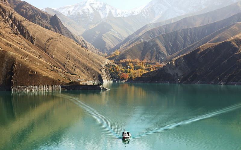 amir kabir dam in iran, boat, mountains, dam, lake, valley, HD wallpaper